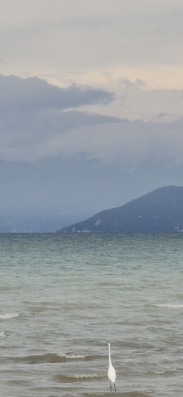Blick über den Gardasee bei Sirmione mit ruhigem Wasser und bewölktem Herbsthimmel.
